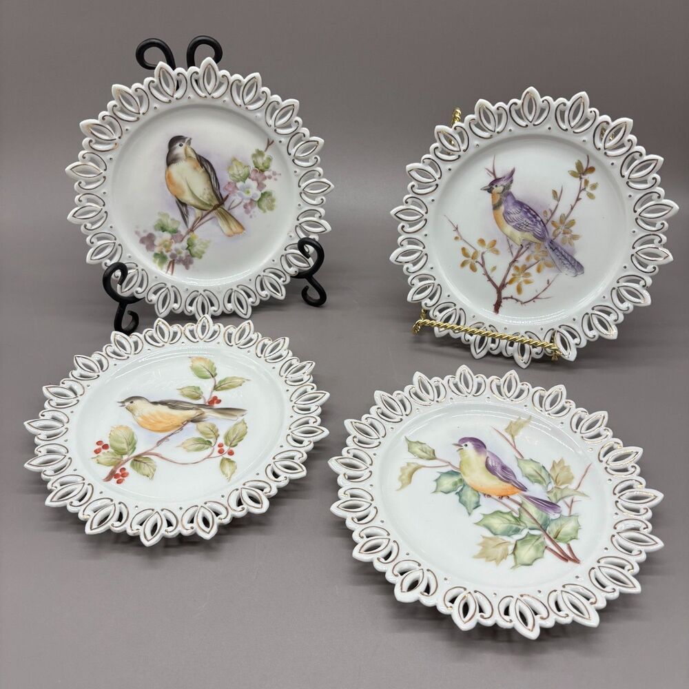 Vintage Lefton China Bird Plates 622 Set of 4 Reticulated Lace Edge Hand Painted